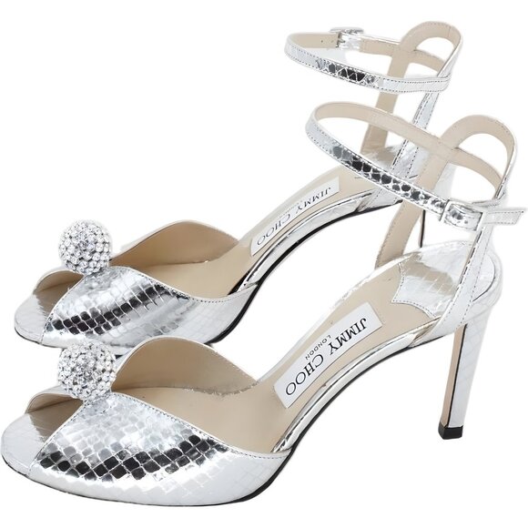 Jimmy Choo Sacora Silver Crystal Ball Ankle Strap Heels Peep Toe Women's US 6.5 - Picture 2 of 6